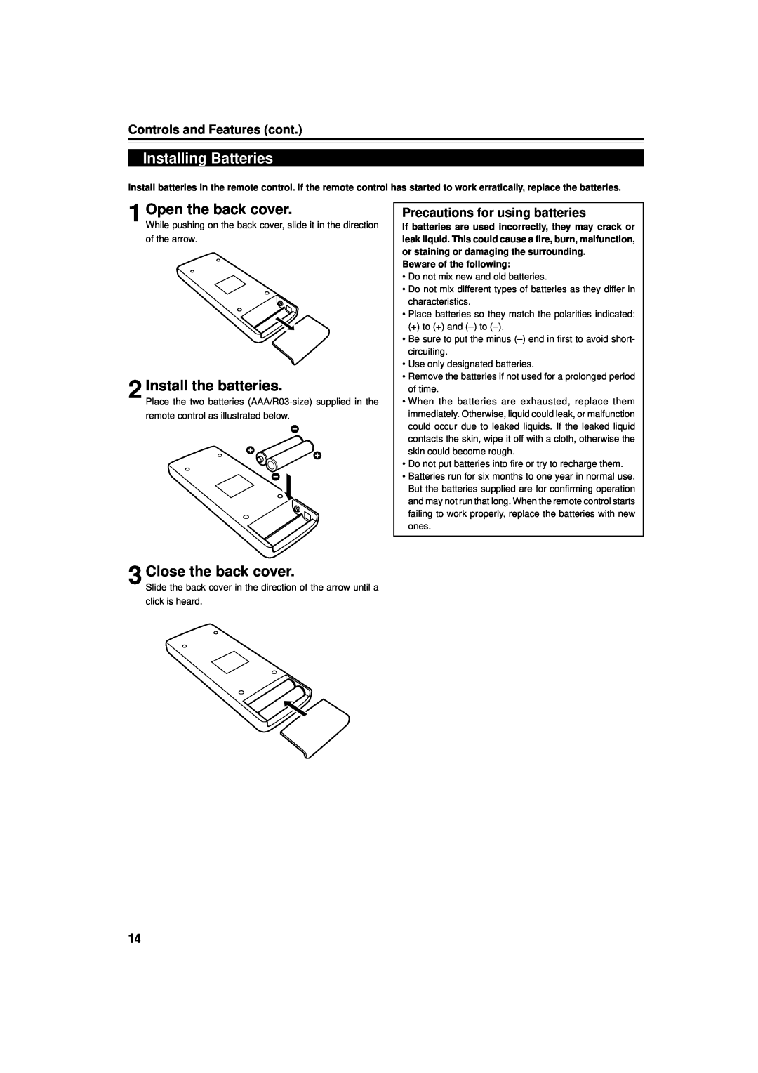 JVC DLA-M15U manual Installing Batteries, Open the back cover, Install the batteries, Close the back cover 
