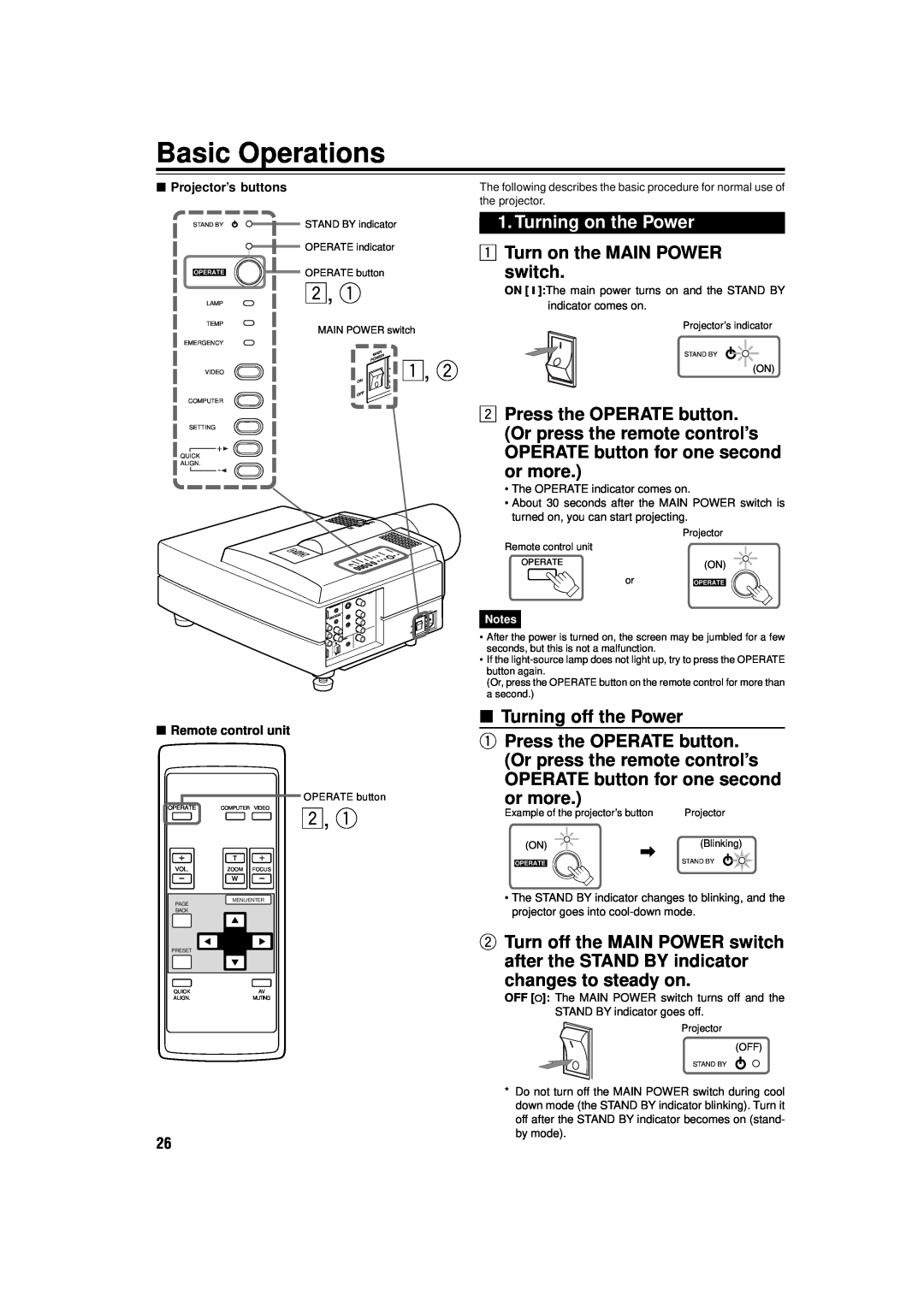 JVC DLA-M15U manual Basic Operations, Turning on the Power, Turn on the MAIN POWER switch, Turning off the Power, or more 