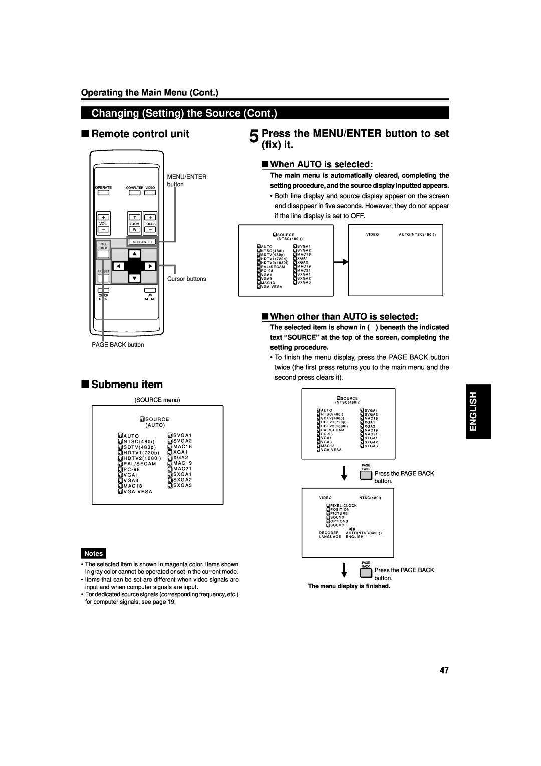 JVC DLA-M15U manual Changing Setting the Source Cont, fix it, Submenu item, Press the MENU/ENTER button to set, English 