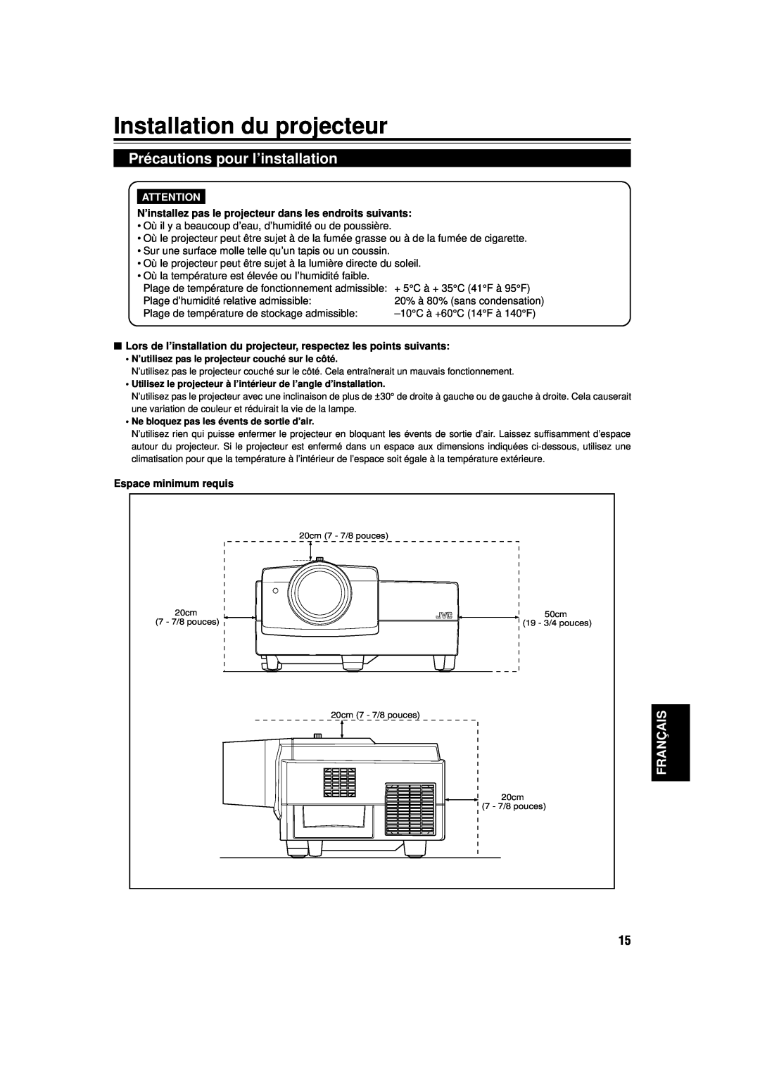 JVC DLA-M15U manual Installation du projecteur, Précautions pour l’installation, Français, Espace minimum requis 