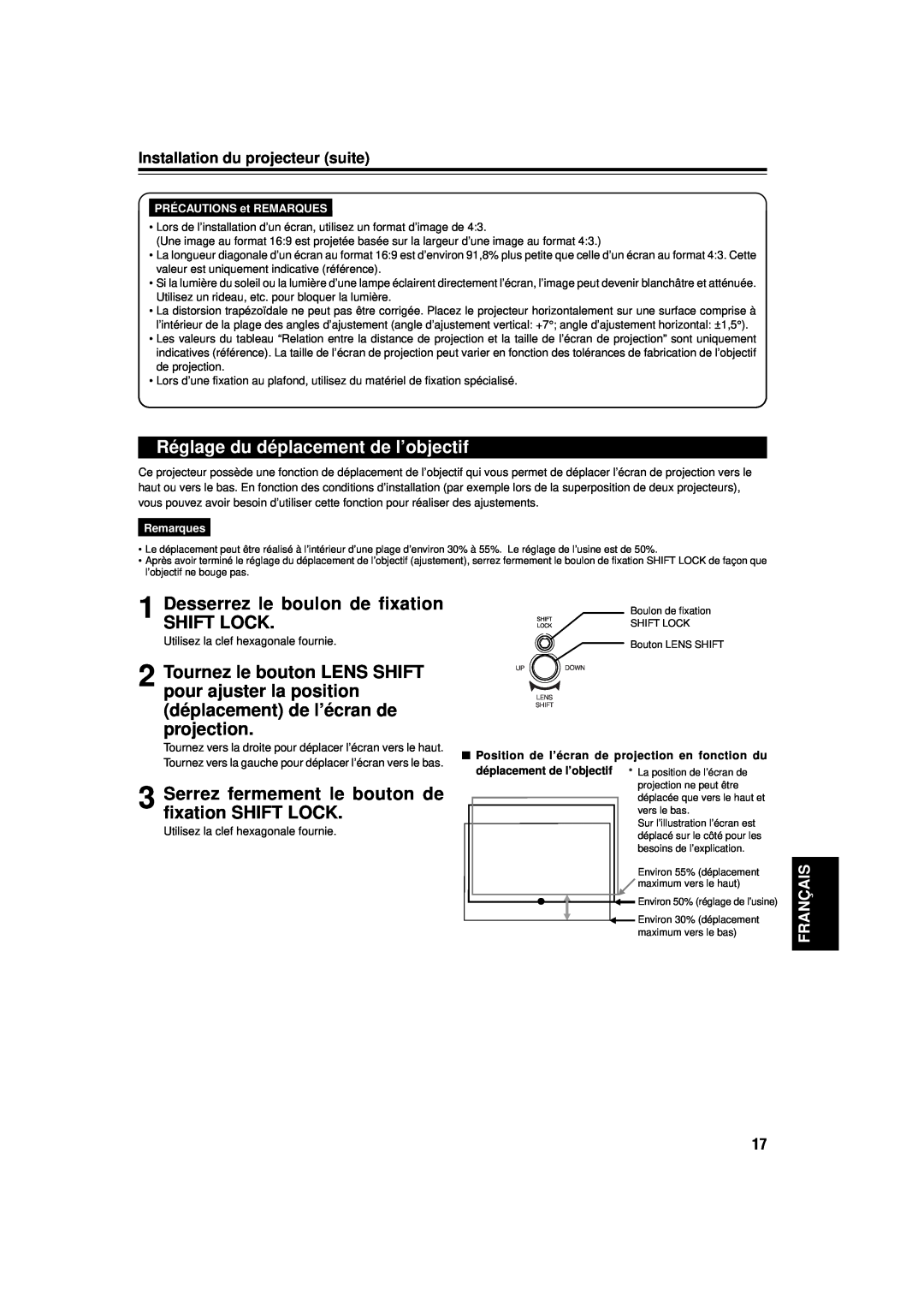 JVC DLA-M15U manual Réglage du déplacement de l’objectif, Desserrez le boulon de fixation SHIFT LOCK, Français, Remarques 