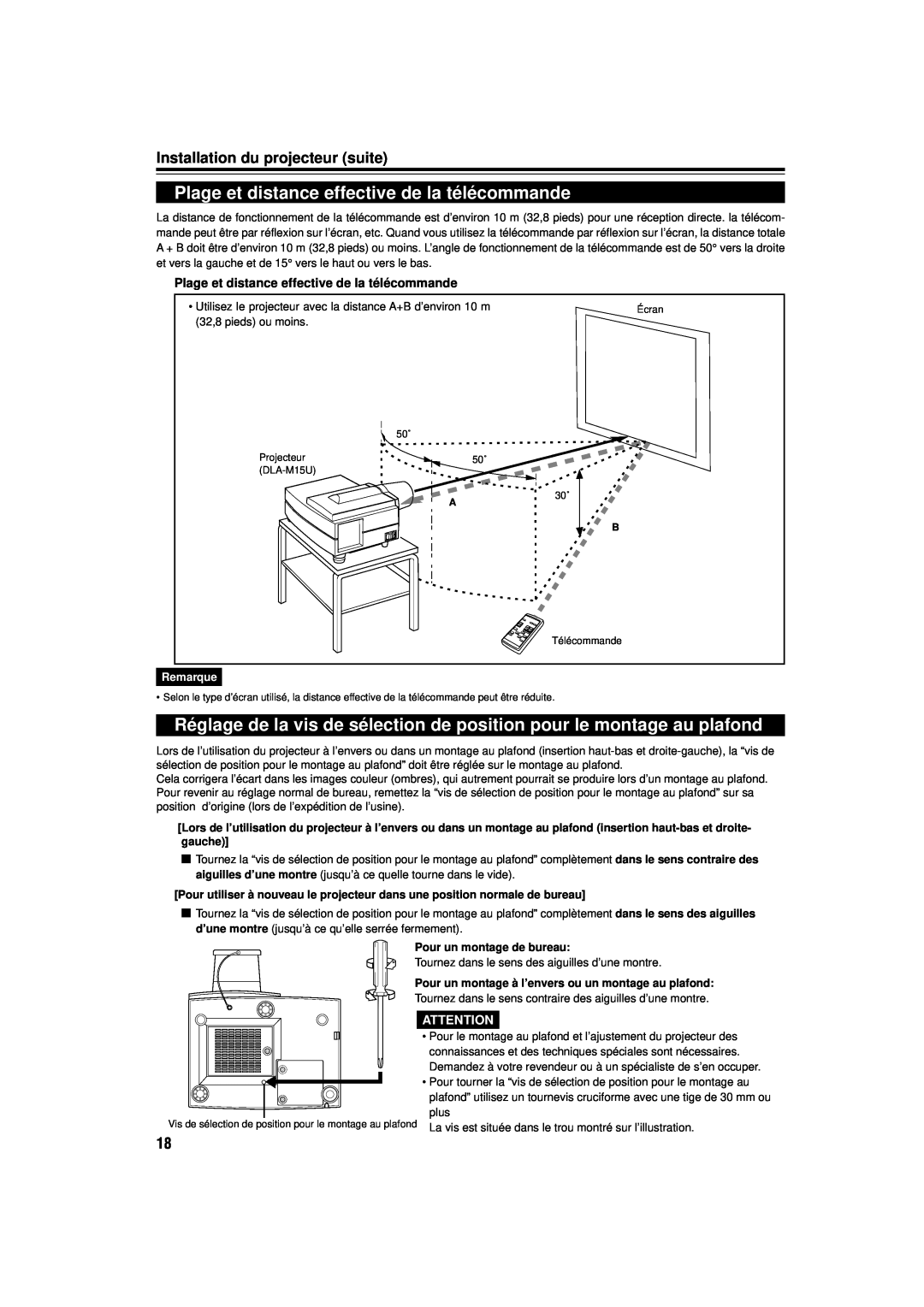 JVC DLA-M15U manual Plage et distance effective de la télécommande, Installation du projecteur suite, Remarque 