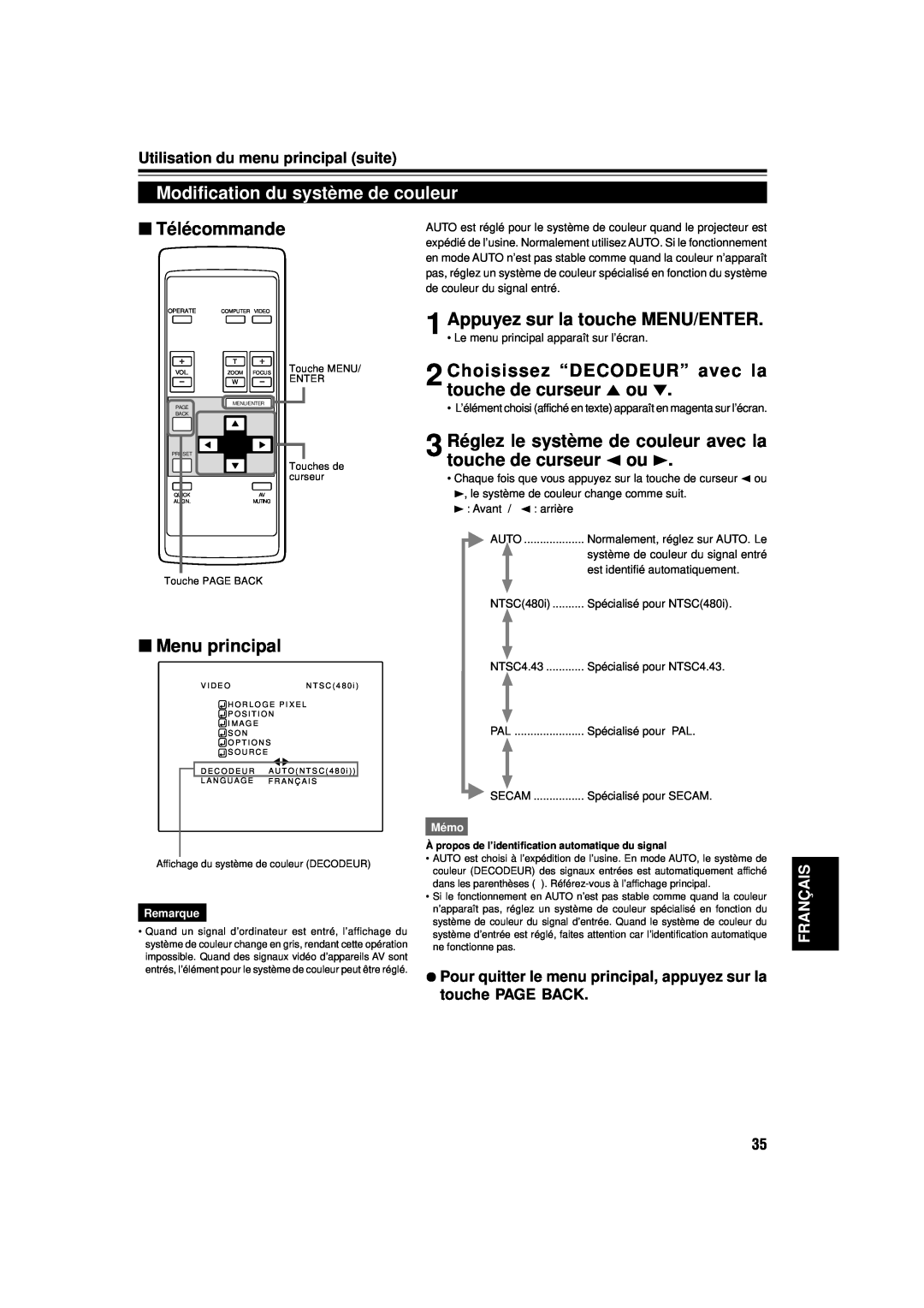 JVC DLA-M15U Modification du système de couleur, Choisissez “DECODEUR” avec la touche de curseur 5 ou, Télécommande, Mémo 