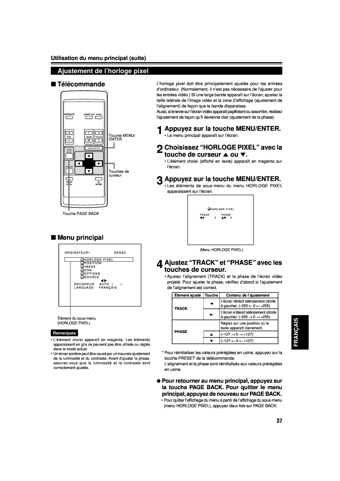 JVC DLA-M15U manual Ajustement de l’horloge pixel, Choisissez “HORLOGE PIXEL” avec la touche de curseur 5 ou, Télécommande 