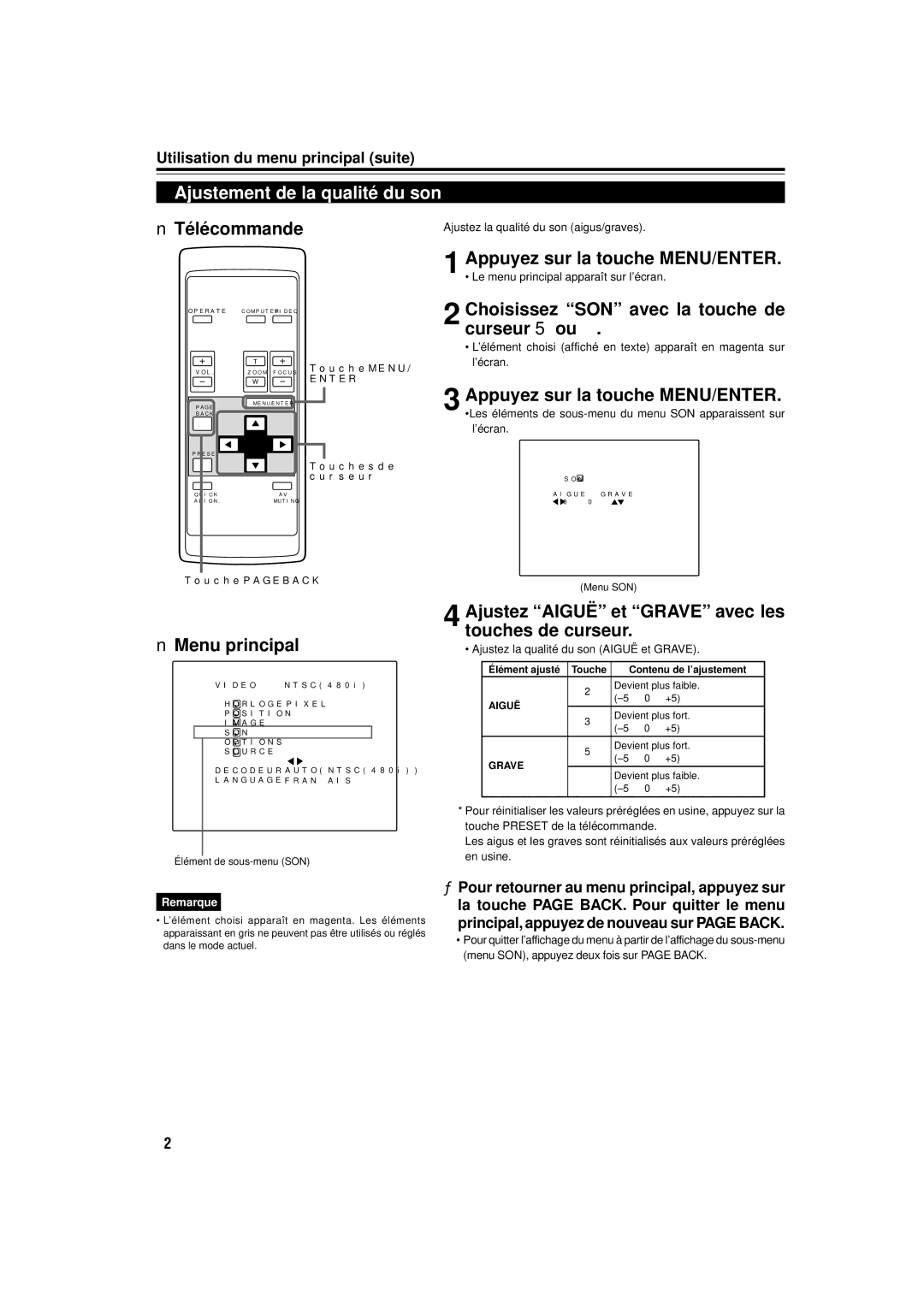 JVC DLA-M15U manual Ajustement de la qualité du son, Choisissez SON avec la touche de curseur 5 ou 