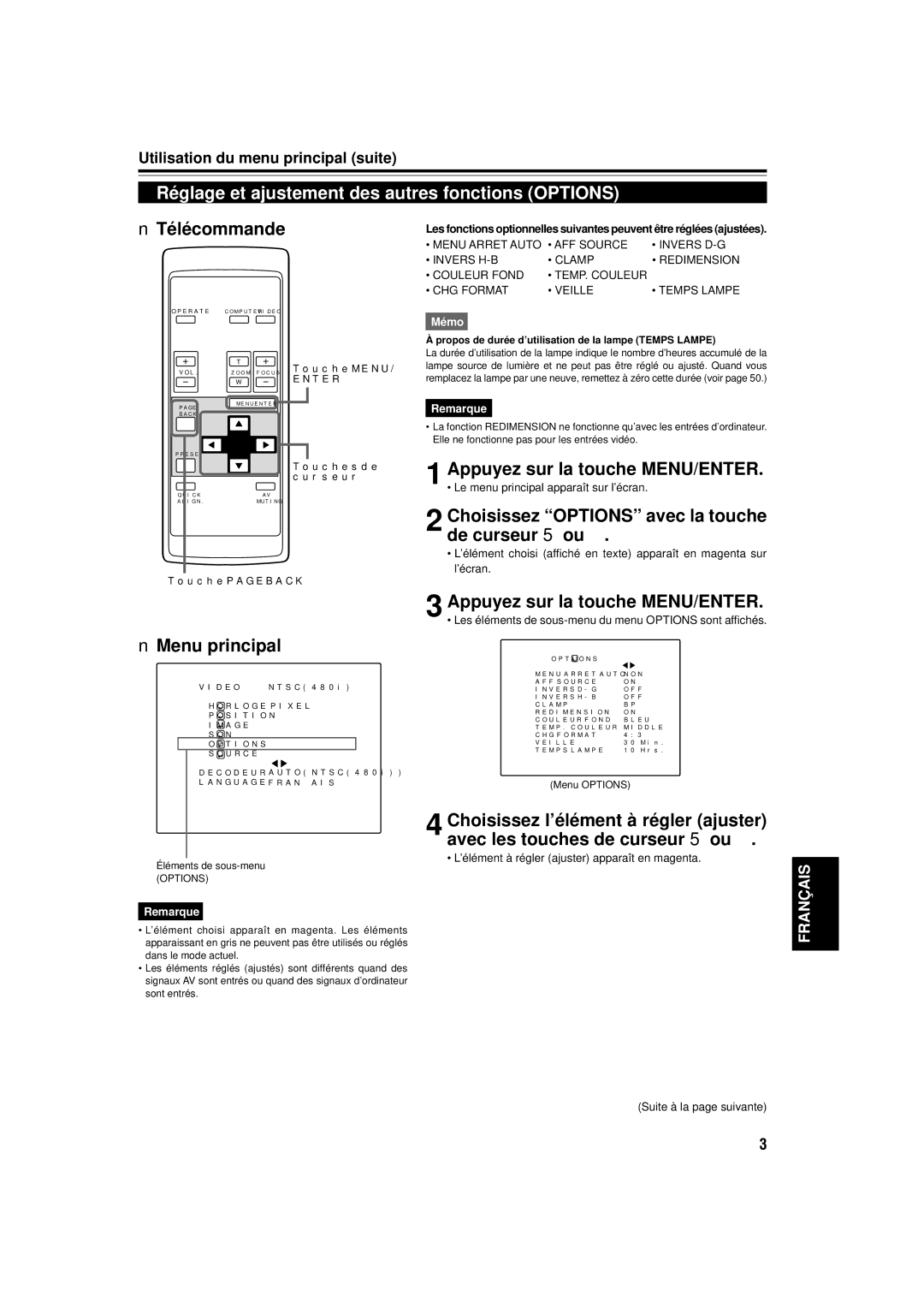 JVC DLA-M15U manual Réglage et ajustement des autres fonctions Options, Choisissez Options avec la touche de curseur 5 ou 