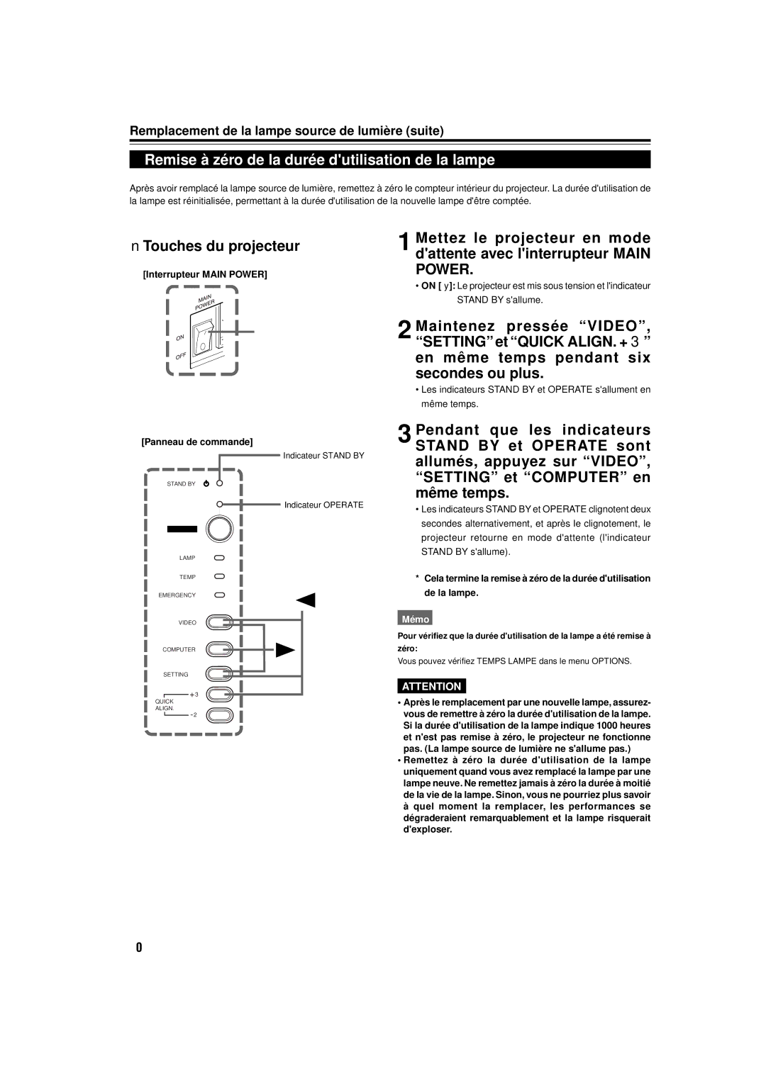 JVC DLA-M15U manual Remise à zéro de la durée dutilisation de la lampe, Touches du projecteur 