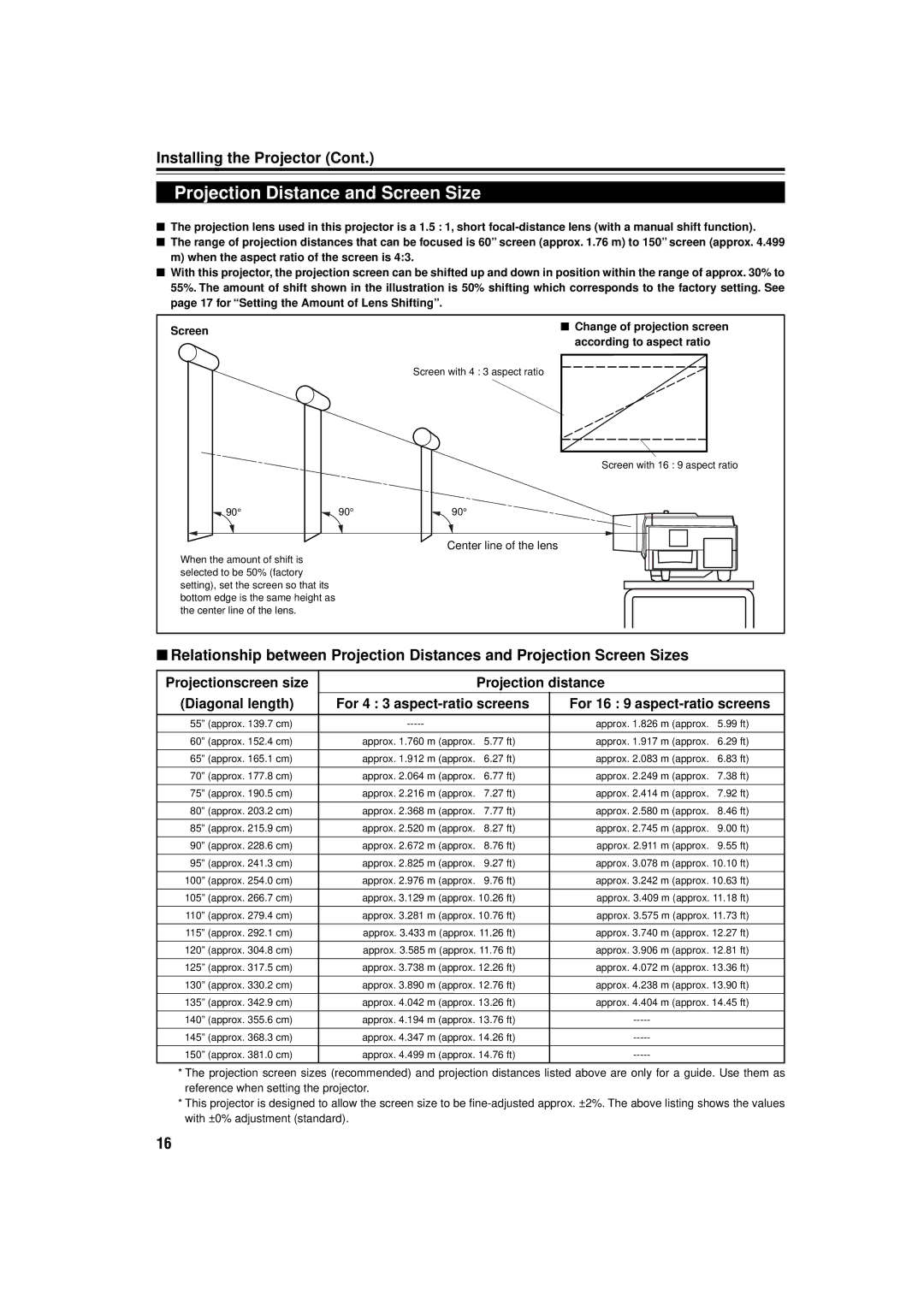 JVC DLA-M15U manual Projection Distance and Screen Size, Center line of the lens, Screen with 4 3 aspect ratio 