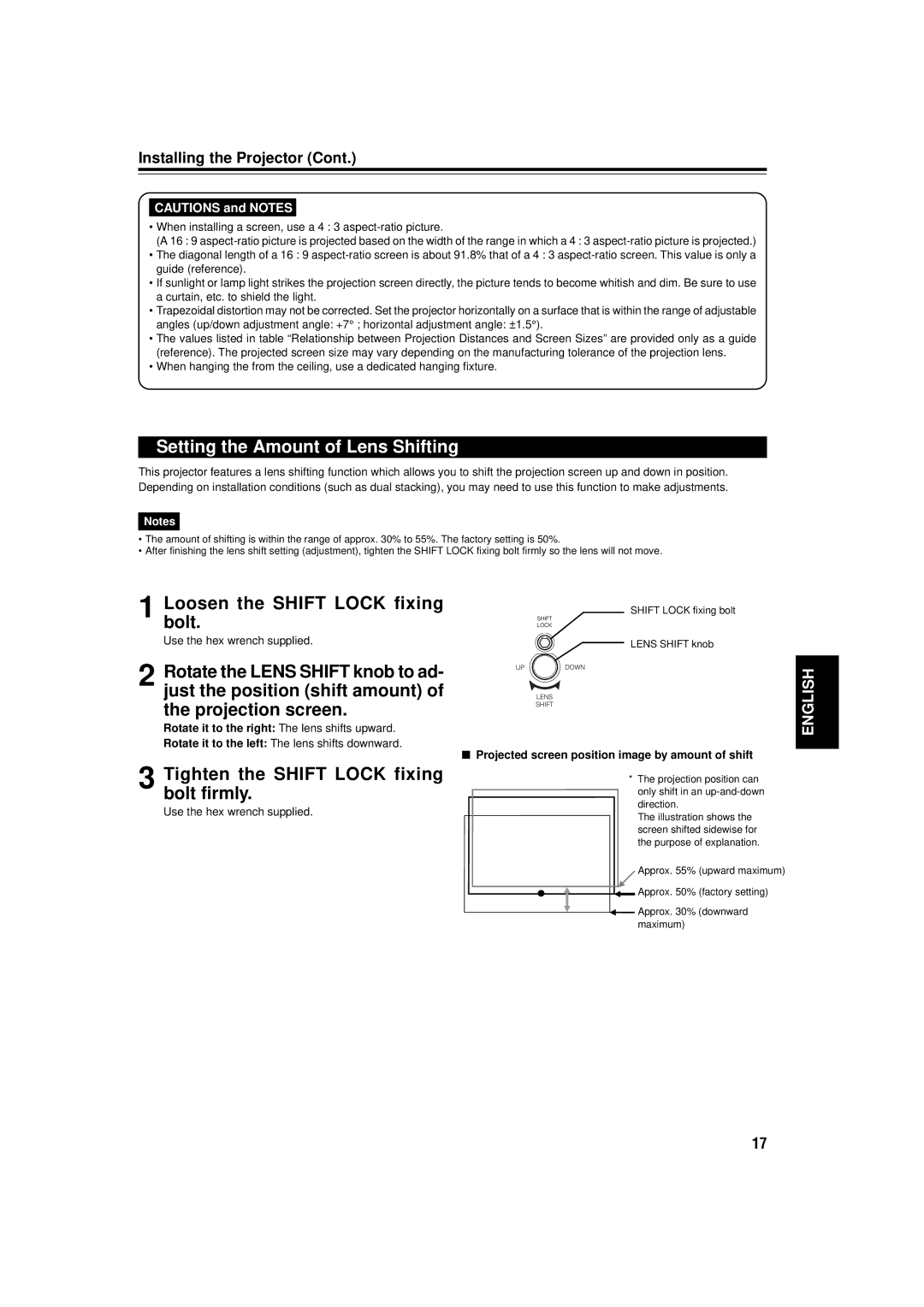 JVC DLA-M15U manual Setting the Amount of Lens Shifting, Tighten the Shift Lock fixing bolt firmly 