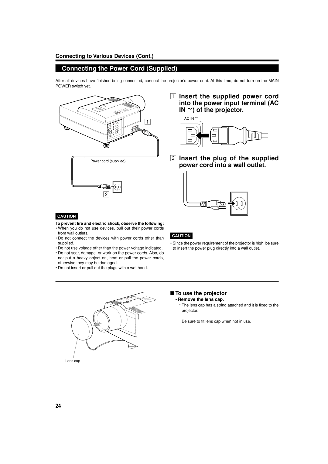 JVC DLA-M15U manual Connecting the Power Cord Supplied, To use the projector, Remove the lens cap 