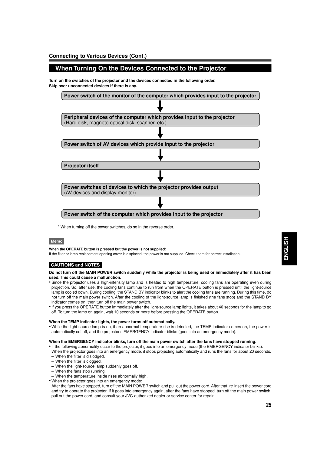 JVC DLA-M15U manual When Turning On the Devices Connected to the Projector 