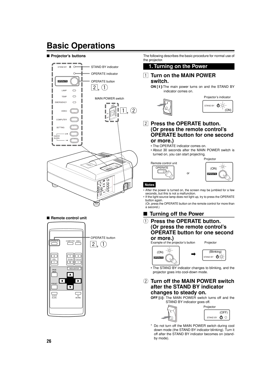 JVC DLA-M15U manual Basic Operations, Turning on the Power 