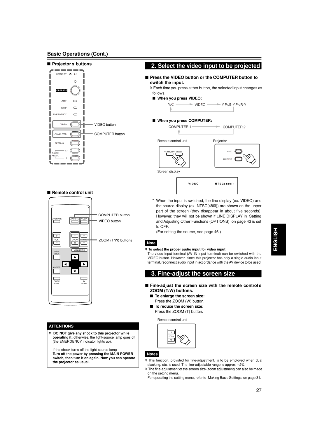 JVC DLA-M15U manual Fine-adjust the screen size, Follows, When you press Video, When you press Computer 