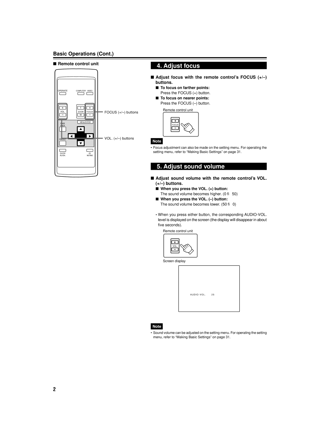 JVC DLA-M15U manual Adjust sound volume, Adjust focus with the remote control’s Focus +/- buttons 