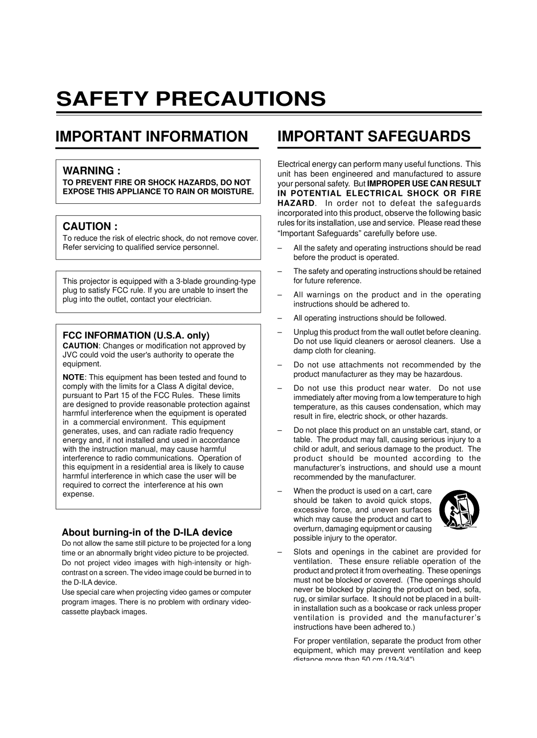 JVC DLA-M15U manual Safety Precautions, About burning-in of the D-ILA device 