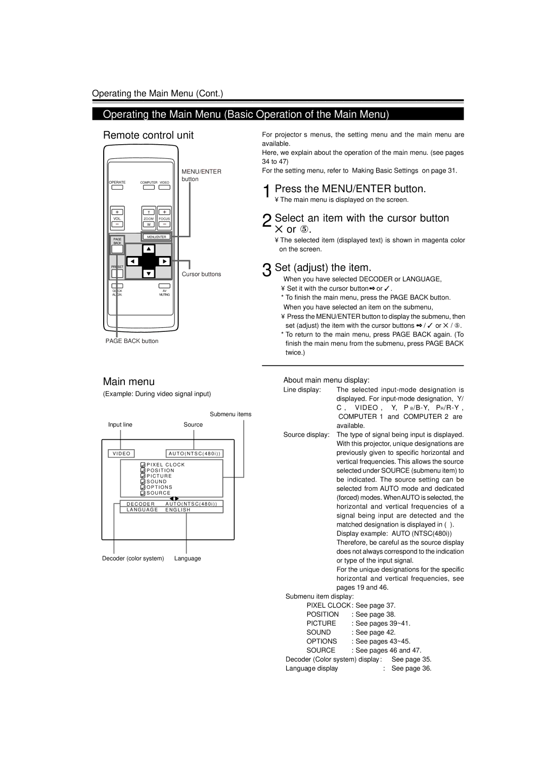 JVC DLA-M15U manual Operating the Main Menu Basic Operation of the Main Menu 