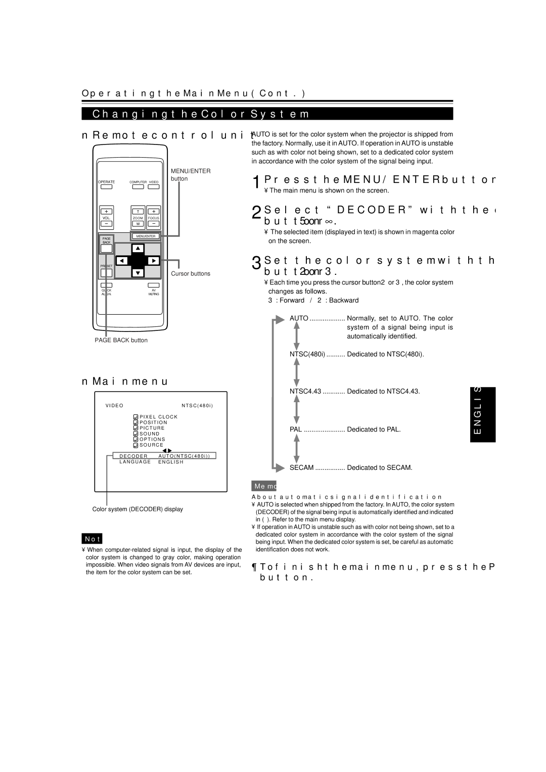 JVC DLA-M15U manual Changing the Color System, Select Decoder with the cursor button 5 or 