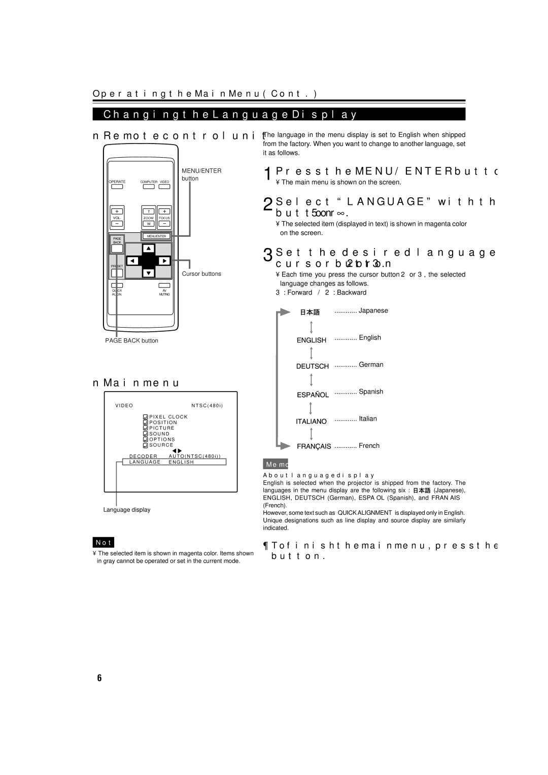 JVC DLA-M15U manual Changing the Language Display, Set the desired language with the cursor button 2 or, Language display 