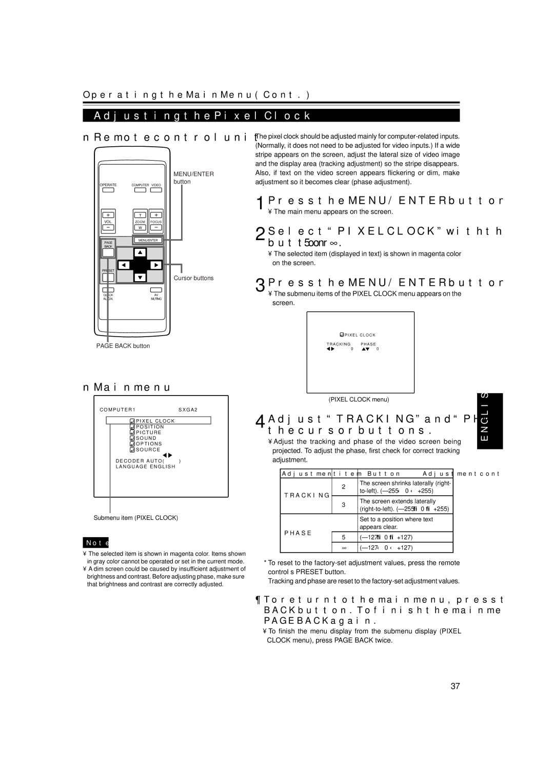 JVC DLA-M15U manual Adjusting the Pixel Clock, Adjust Tracking and Phase with the cursor buttons, Button Adjustment content 