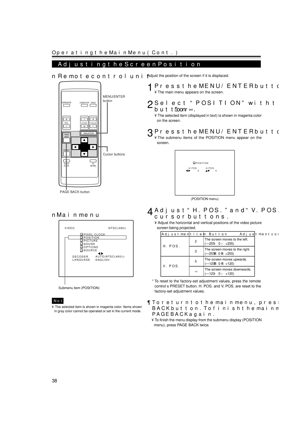 JVC DLA-M15U manual Adjusting the Screen Position, Select Position with the cursor button 5 or 