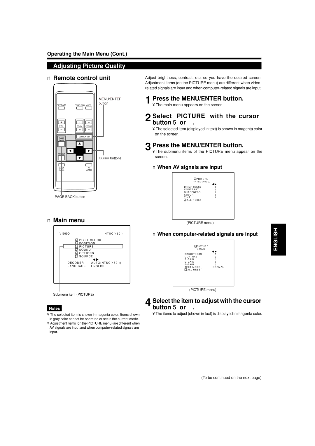 JVC DLA-M15U manual Adjusting Picture Quality, Select Picture with the cursor button 5 or, When AV signals are input 