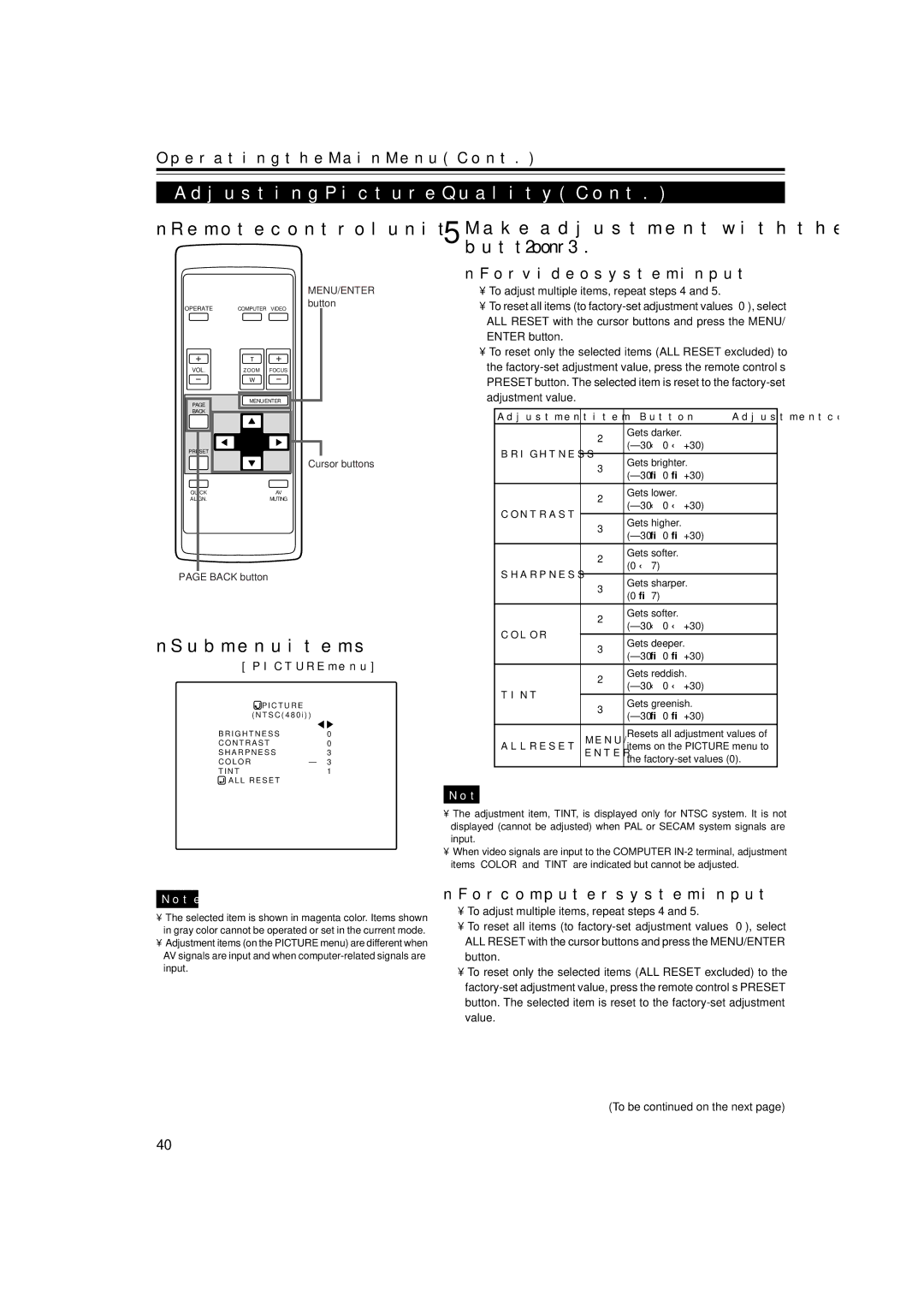 JVC DLA-M15U Make adjustment with the cursor, Button 2 or, For video system input, For computer system input, Picture menu 