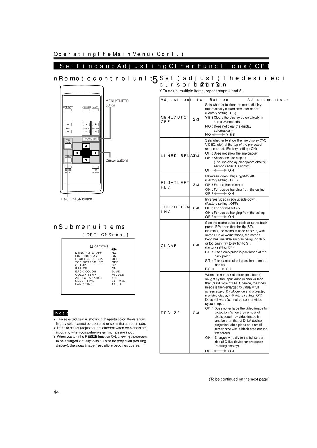 JVC DLA-M15U manual Set adjust the desired item with the cursor button 2 or, Options menu 