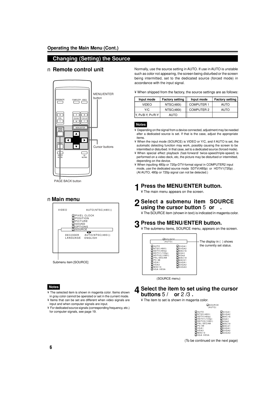 JVC DLA-M15U manual Changing Setting the Source, Select a submenu item Source using the cursor button 5 or 