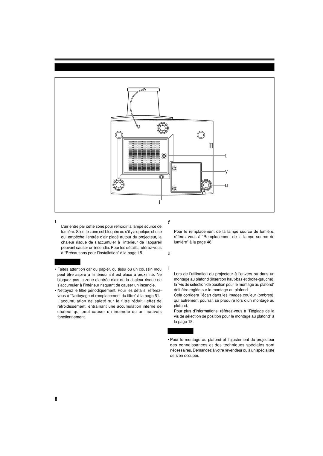 JVC DLA-M15U manual Surface inférieure, Zone d’entrée d’air filtre, Pied de fixation 