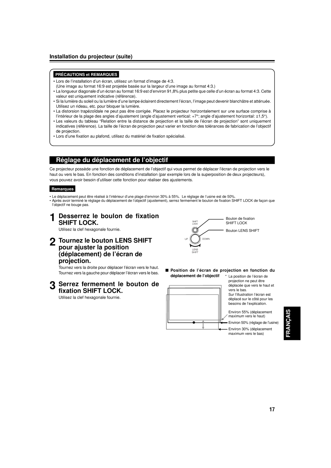 JVC DLA-M15U Réglage du déplacement de l’objectif, Desserrez le boulon de fixation, Utilisez la clef hexagonale fournie 