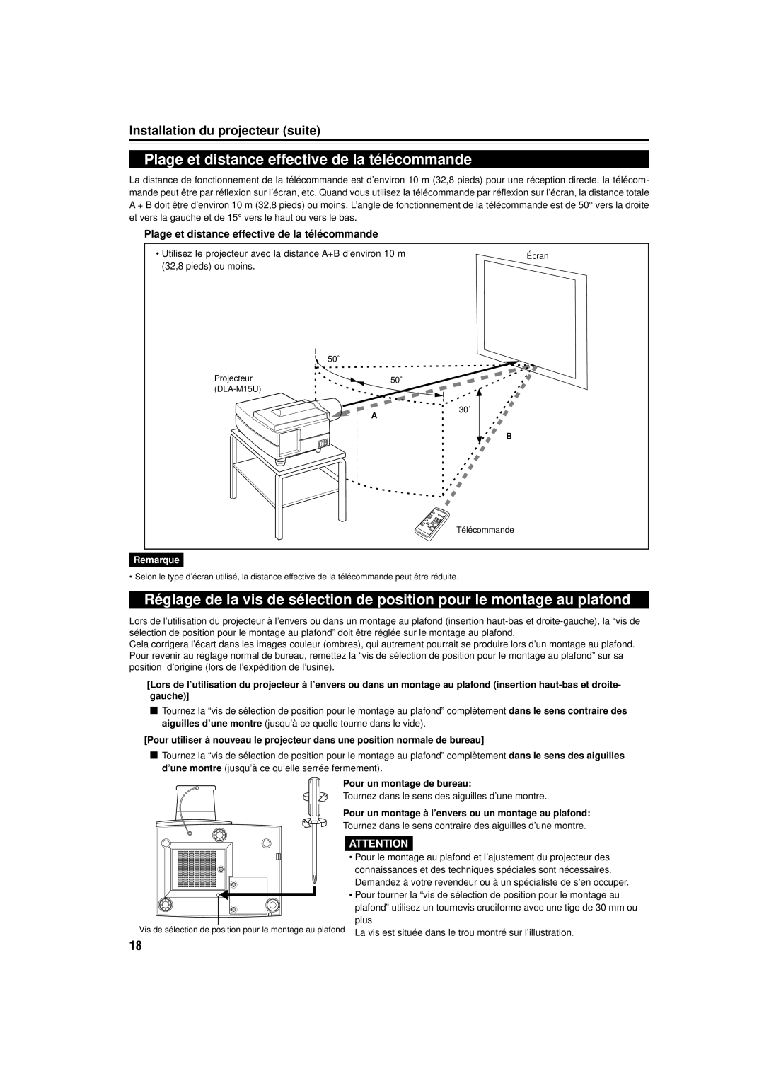 JVC DLA-M15U manual Plage et distance effective de la télécommande, Pour un montage de bureau 