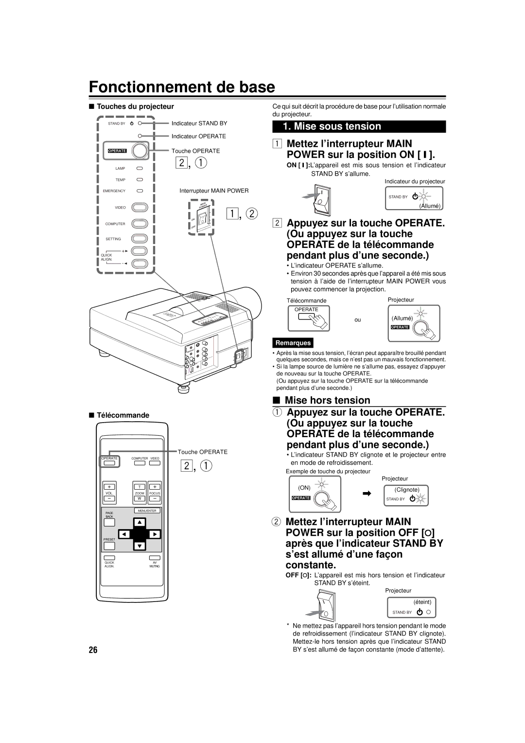 JVC DLA-M15U manual Fonctionnement de base, Mise sous tension, Mise hors tension, Touches du projecteur, Télécommande 