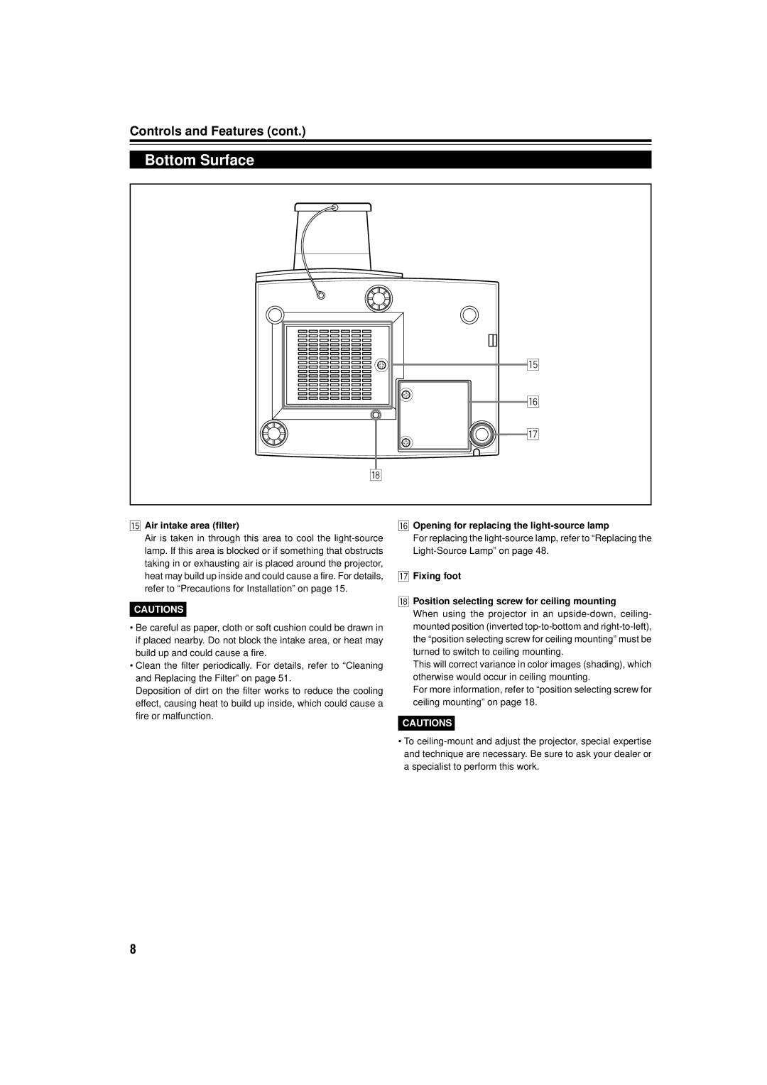 JVC DLA-M15U manual Bottom Surface, Air intake area filter, Opening for replacing the light-source lamp 