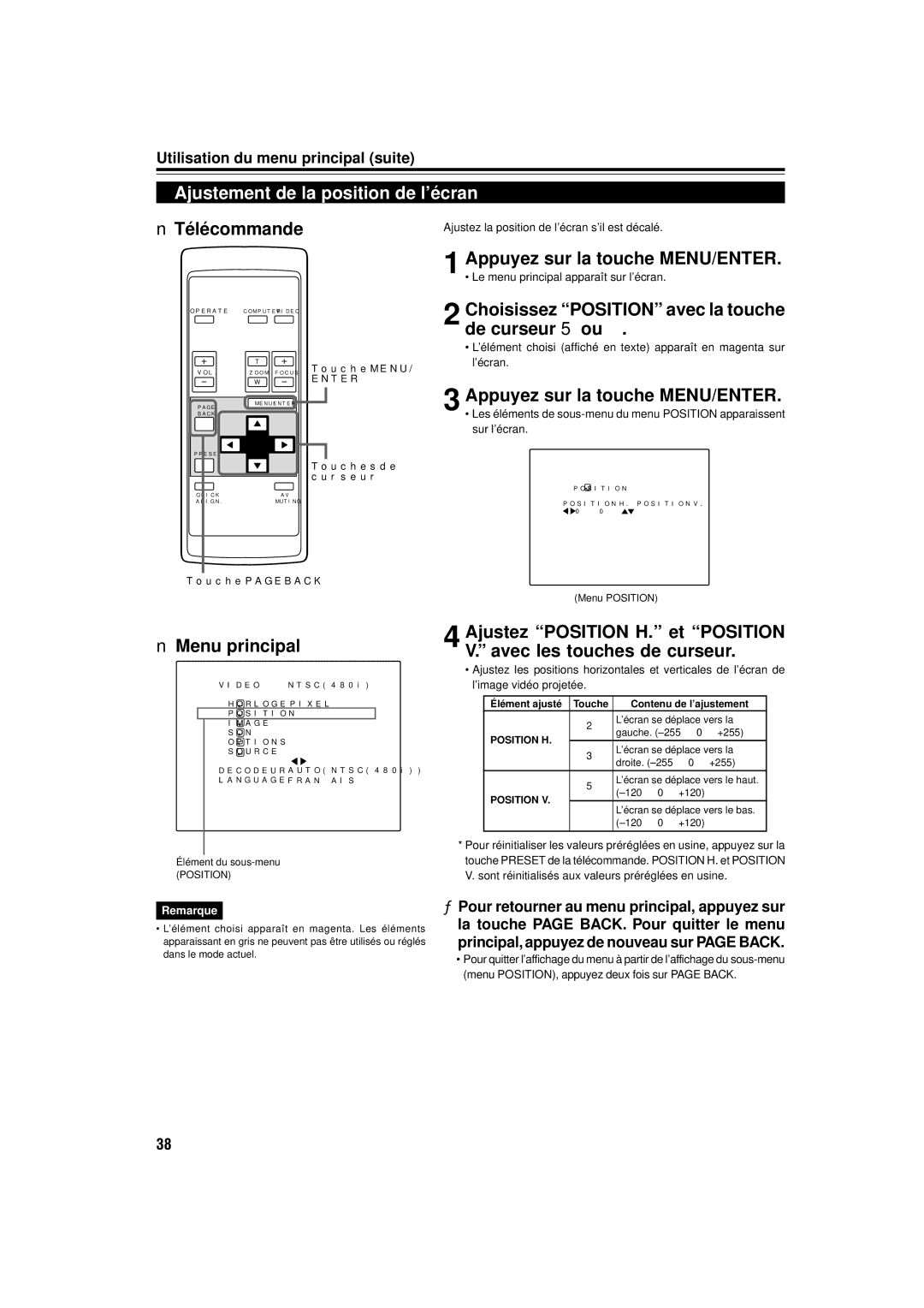 JVC DLA-M15U manual Ajustement de la position de l’écran, Choisissez Position avec la touche de curseur 5 ou, Sur l’écran 