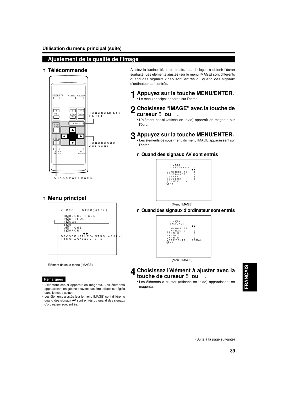 JVC DLA-M15U manual Ajustement de la qualité de l’image, Choisissez Image avec la touche de curseur 5 ou 