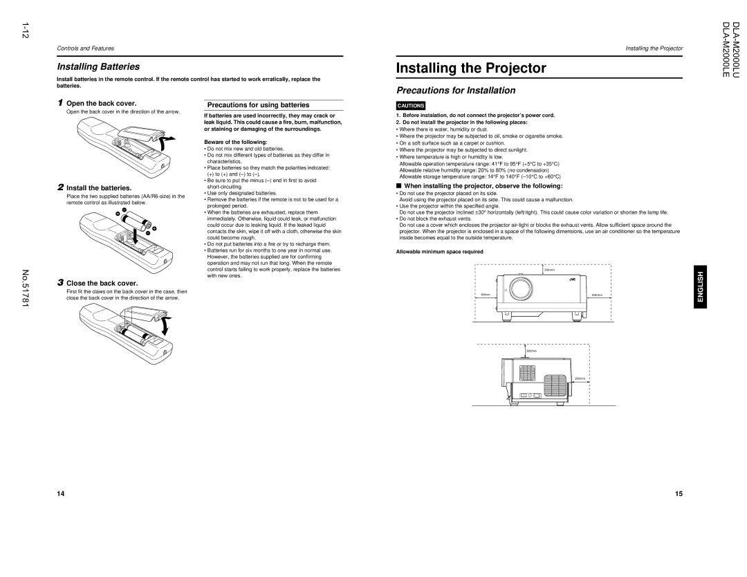 JVC DLA-M2000LU manual Installing the Projector, Installing Batteries, Precautions for Installation 