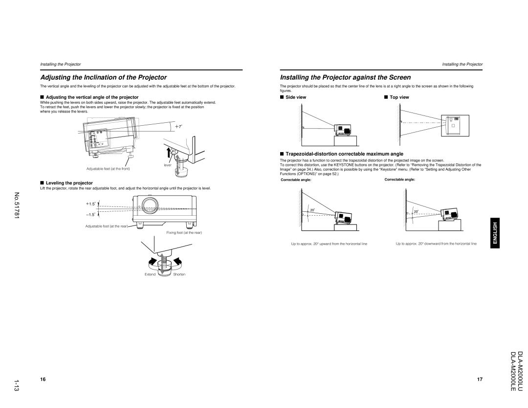 JVC DLA-M2000LU manual Adjusting the Inclination of the Projector, Installing the Projector against the Screen 