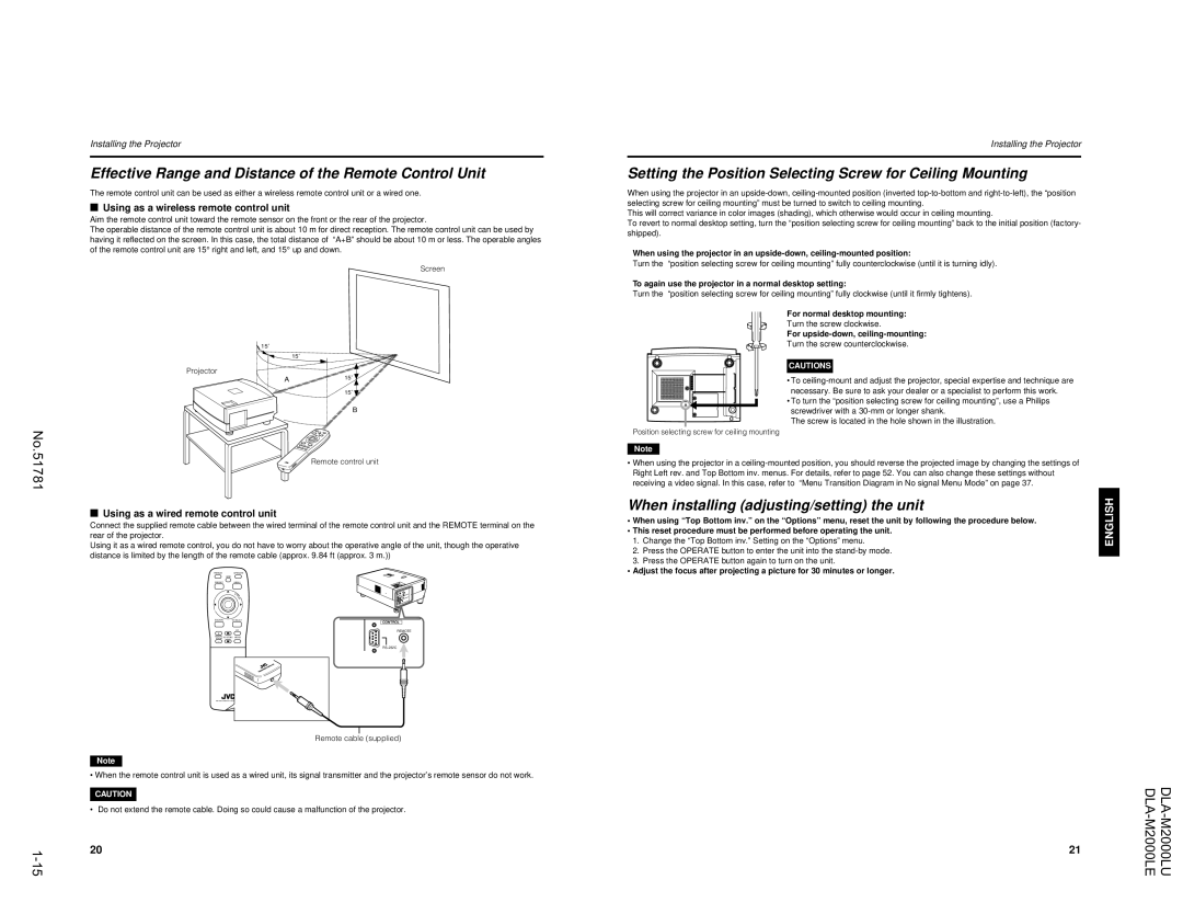 JVC DLA-M2000LU manual Effective Range and Distance of the Remote Control Unit, When installing adjusting/setting the unit 