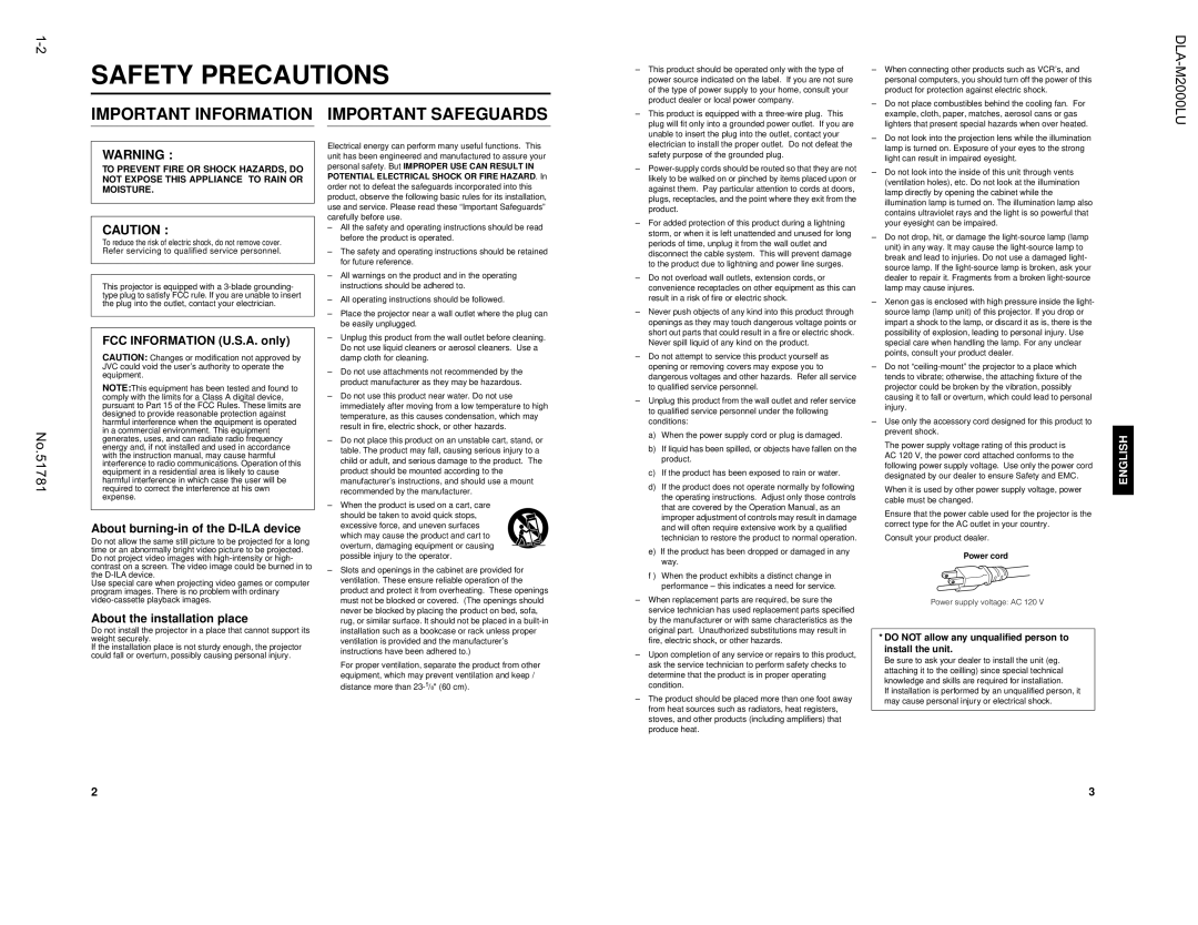 JVC DLA-M2000LU manual Do not allow any unqualified person to install the unit, Power cord 