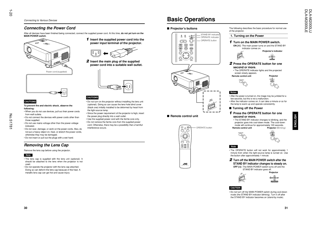 JVC DLA-M2000LU manual Basic Operations, Connecting the Power Cord, Removing the Lens Cap 