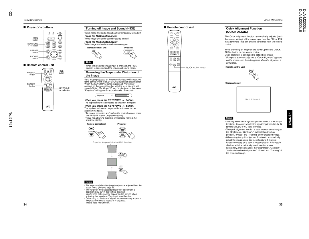 JVC DLA-M2000LU manual Turning off Image and Sound Hide, Removing the Trapezoidal Distortion of the Image 