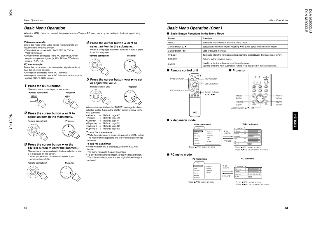 JVC DLA-M2000LU manual Basic Menu Operation 