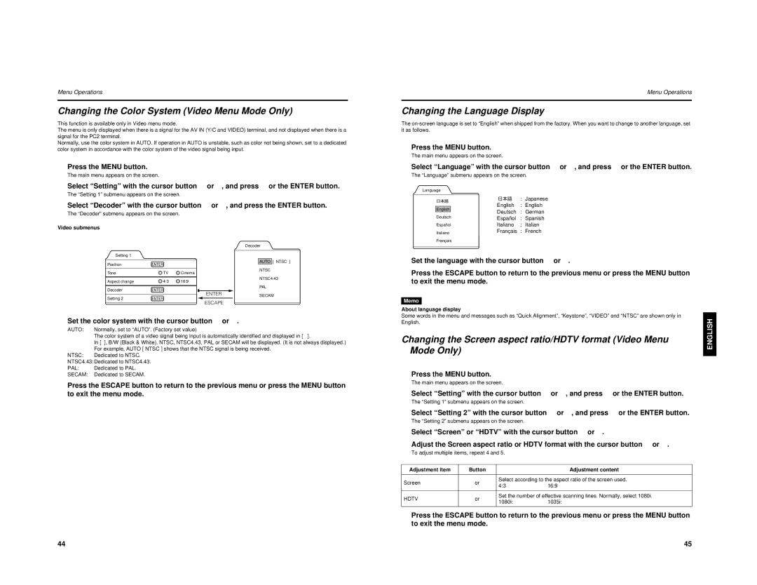 JVC DLA-M2000LU manual Changing the Color System Video Menu Mode Only, Changing the Language Display 