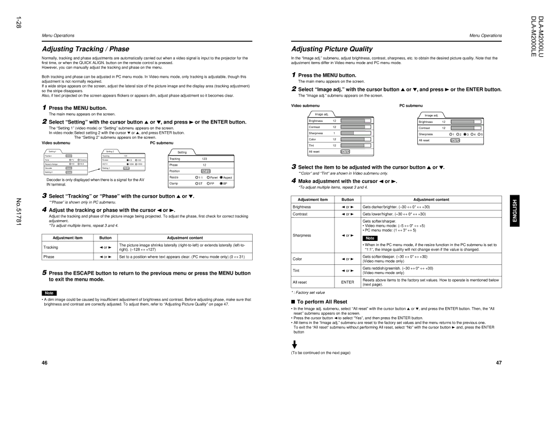 JVC DLA-M2000LU manual Adjusting Tracking / Phase, Adjusting Picture Quality 