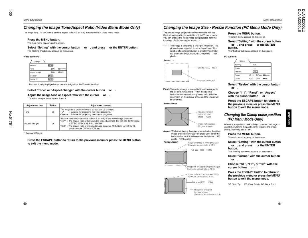 JVC DLA-M2000LU manual Changing the Image Tone/Aspect Ratio Video Menu Mode Only, Resize Panel, Resize Aspect 