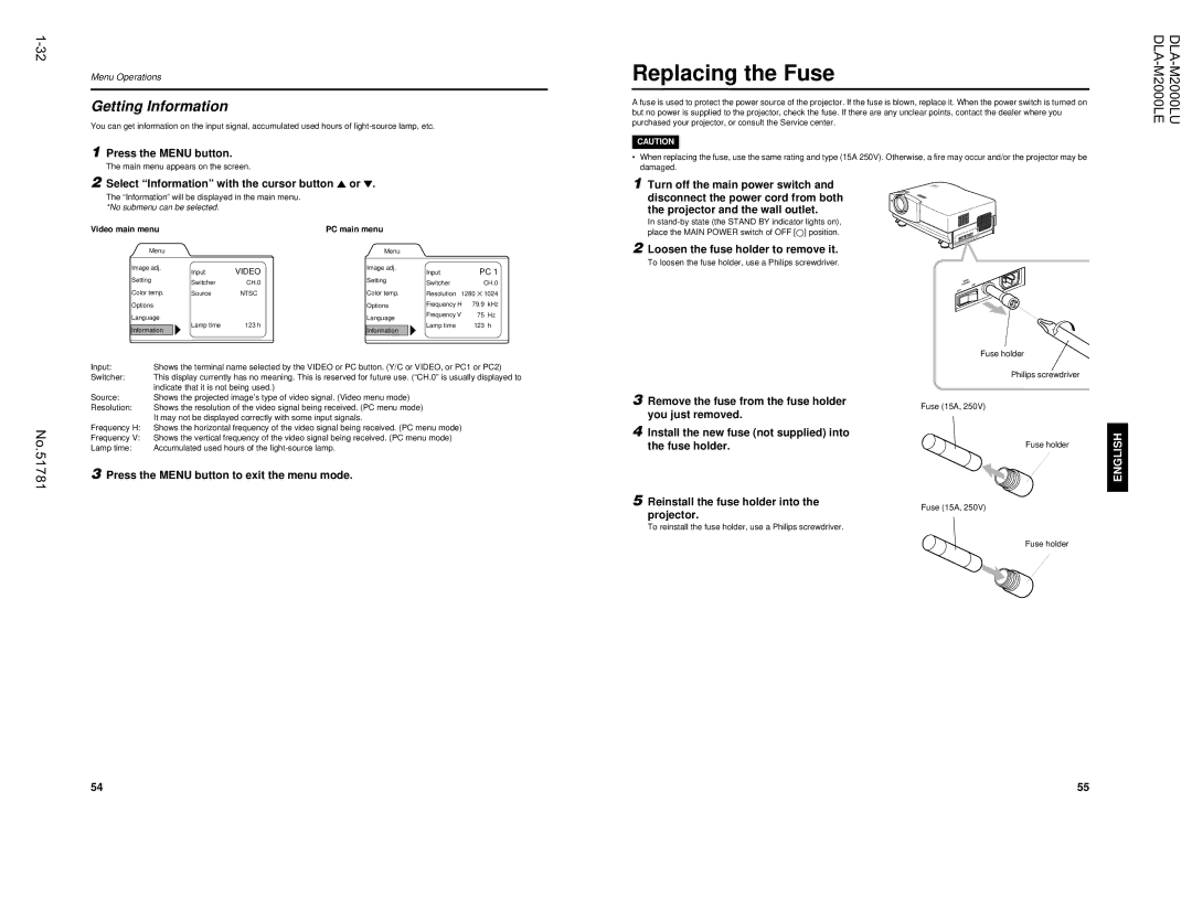 JVC DLA-M2000LU manual Replacing the Fuse, Getting Information, Select Information with the cursor button 5 or ∞ 