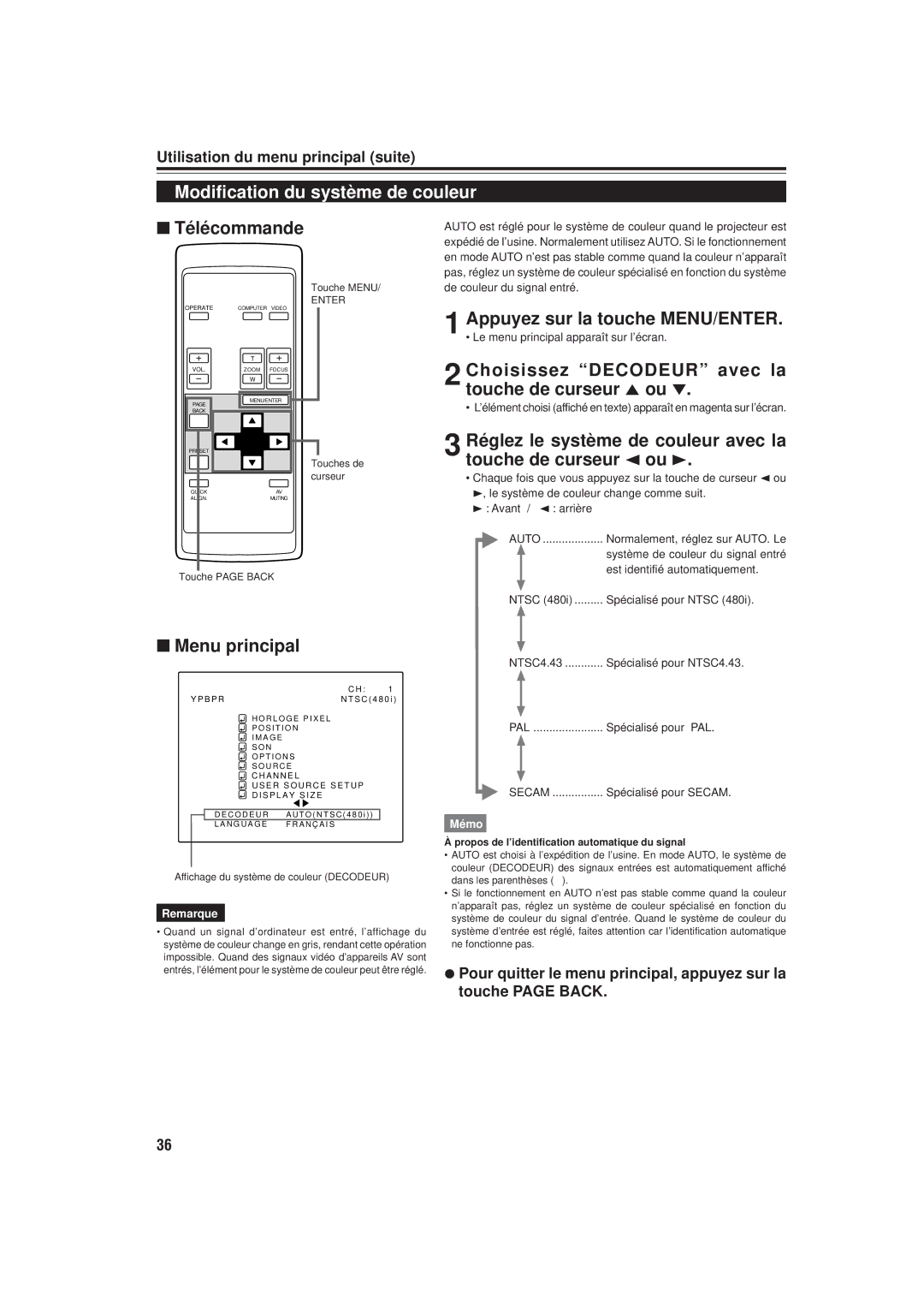 JVC DLA-M20U manual Modification du système de couleur, Réglez le système de couleur avec la touche de curseur 2 ou 