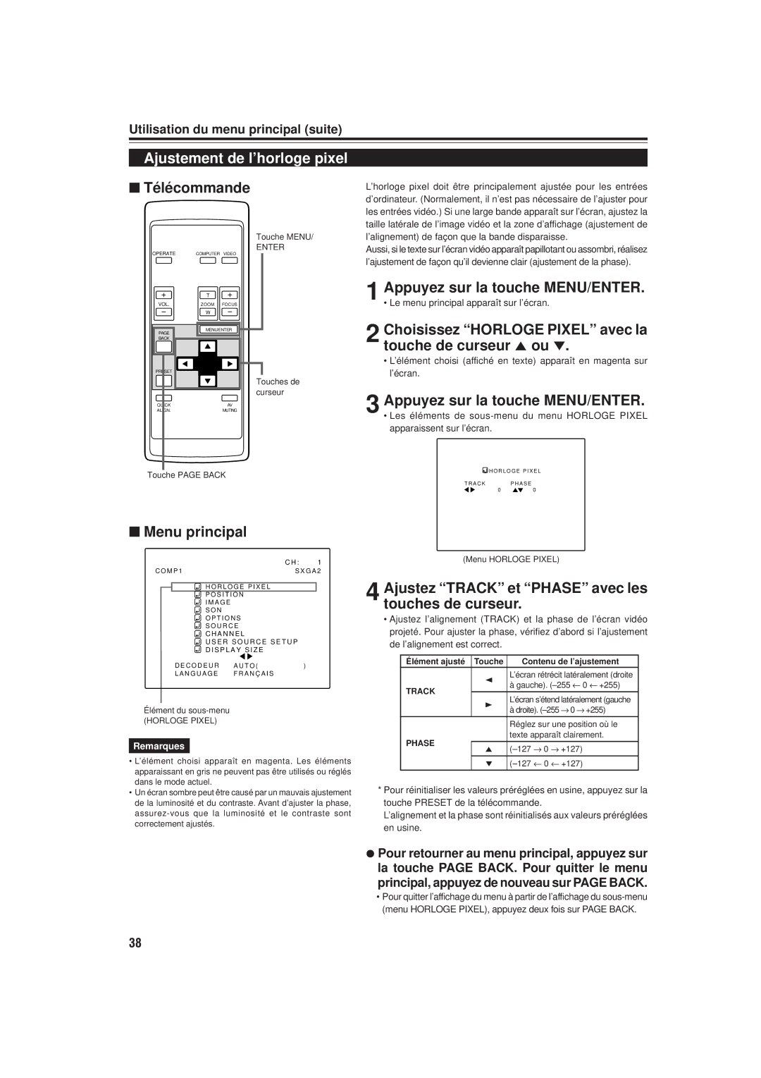 JVC DLA-M20U manual Ajustement de l’horloge pixel, Choisissez Horloge Pixel avec la touche de curseur 5 ou 