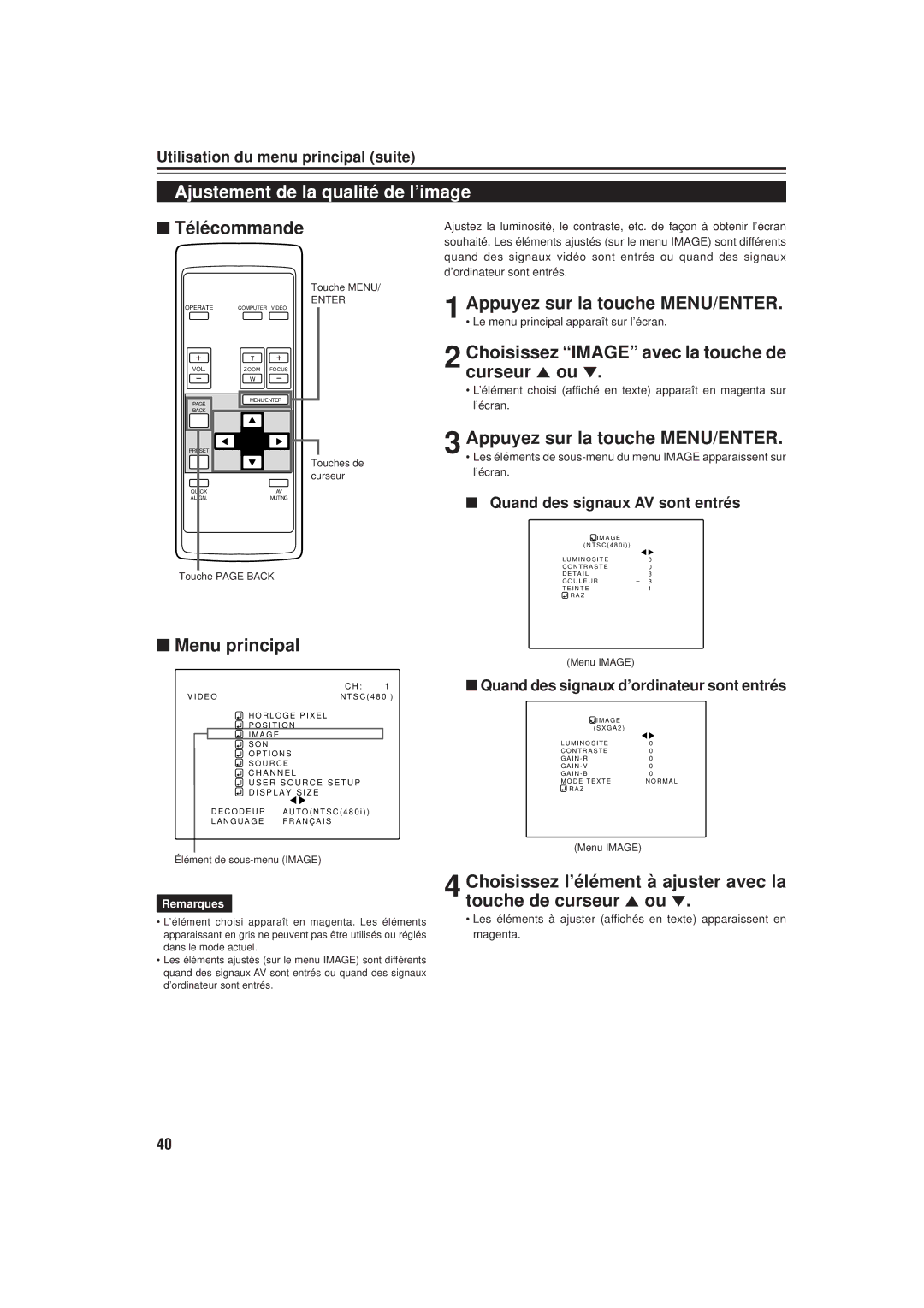 JVC DLA-M20U manual Ajustement de la qualité de l’image, Choisissez Image avec la touche de curseur 5 ou 