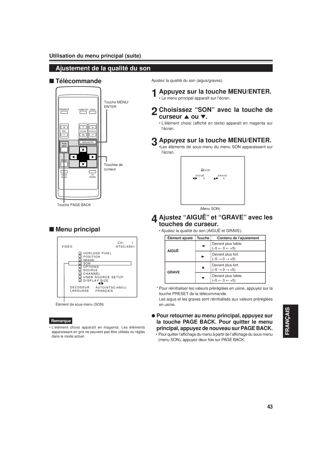 JVC DLA-M20U manual Ajustement de la qualité du son, Curseur 5 ou, Ajustez Aiguë et Grave avec les touches de curseur 